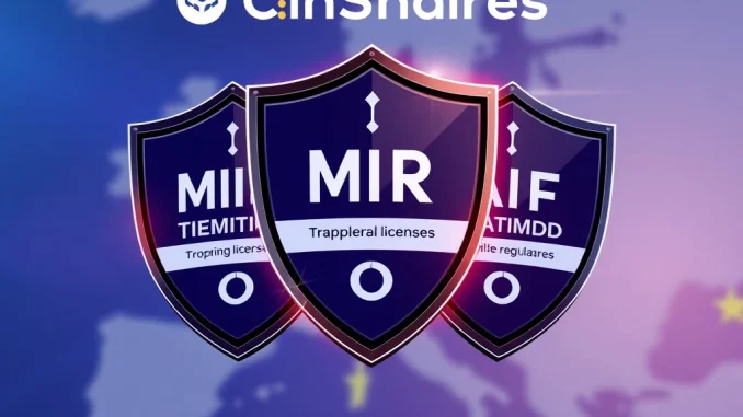 CoinShares MiCA license achievement: Three regulatory badges (MiCA, MiFID, AIFMD) symbolizing compliance and leadership in EU crypto asset management.
