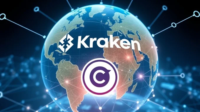 Concordium CCD token symbol on a digital map, highlighting its listing on Kraken and global reach for regulated blockchain finance.