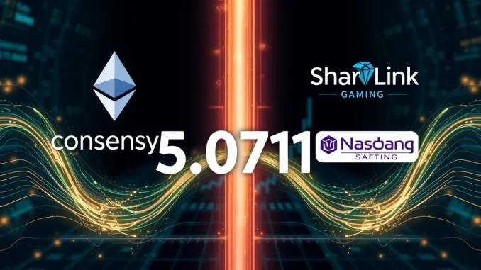 Consensys ETH Transfer: A Monumental $13.47 Million Move to SharpLink Signals Strategic Accumulation Illustrating the monumental Consensys ETH transfer of 5,071 ETH to SharpLink Gaming, symbolizing strategic crypto accumulation.