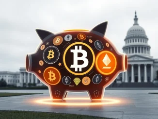 An illustration of a piggy bank with crypto symbols, representing the potential for crypto 401k inclusion in retirement investments.