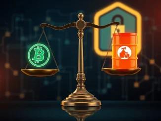 Scales of justice balancing cryptocurrency symbols and an oil barrel, symbolizing the US prosecutors' efforts in a crypto fraud case recovery.
