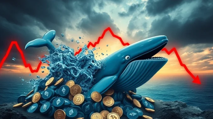 An illustration of a digital whale trader experiencing a massive crypto liquidation, symbolizing over $98M in losses from short positions.