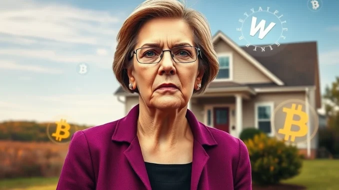 Senator Elizabeth Warren expressing concern over crypto mortgage fraud risks from the GENIUS Act's loopholes.