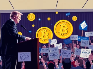 Pro-crypto candidate James Walkinshaw speaking at a rally with cryptocurrency symbols in the background