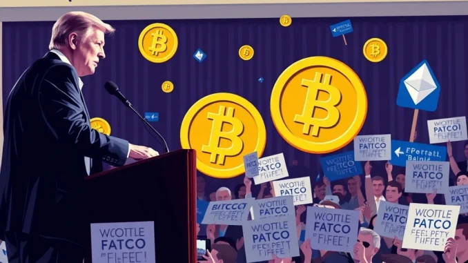Pro-crypto candidate James Walkinshaw speaking at a rally with cryptocurrency symbols in the background