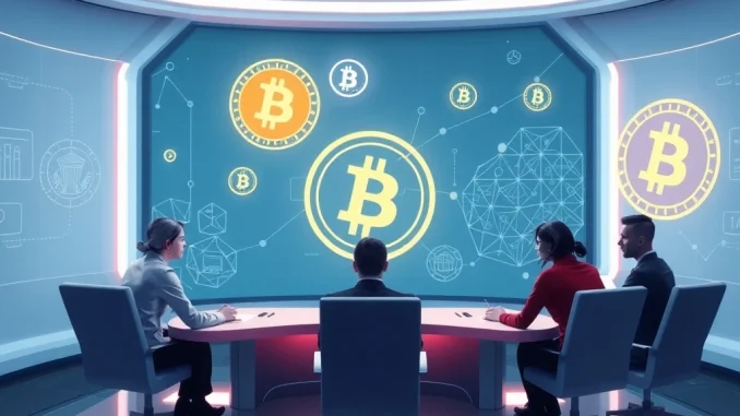 Digital Asset Working Group discussing crypto policy report with Bitcoin symbols