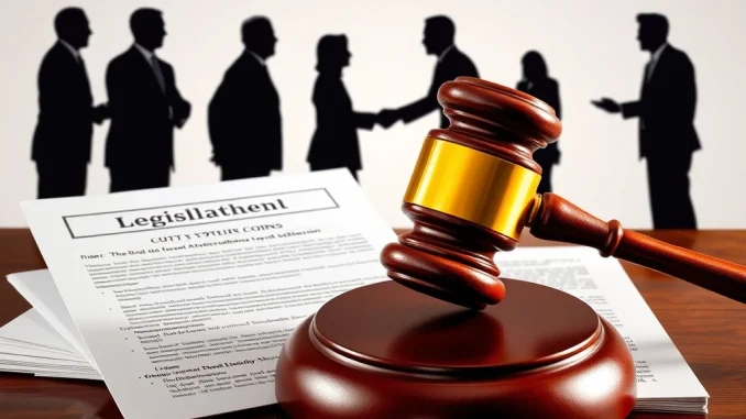 Legislators shake hands over a document, symbolizing bipartisan support for crypto regulation and the passage of the GENIUS Act.