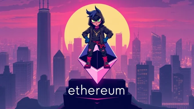 A CryptoPunk figure standing prominently, symbolizing its potential to outperform Ethereum in the digital asset market, highlighting key Ethereum News Today.