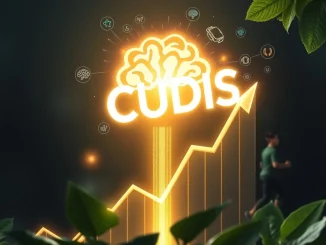 CUDIS logo soaring with a 44% price increase, representing its rise as a Solana-based AI crypto for healthy living.