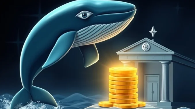 An illustration of a large whale transferring Ethereum (ETH) to a secure institutional platform, symbolizing the significant Cumberland ETH transfer to Coinbase Institutional.