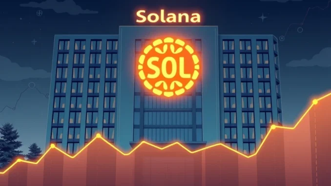 DeFi Dev Corp's monumental Solana investment strategy depicted with corporate buildings and SOL logos.
