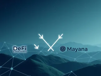 DeFi Development's partnership with Mayan enabling seamless cross-chain swaps for DFDVx tokenized equity, symbolizing enhanced blockchain interoperability.