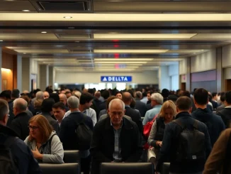 Overcrowded Delta Sky Club lounge with frustrated travelers, highlighting the impact of new Delta lounge access rules and the Sky Club crowding issue.