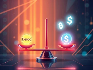 DeSoc platform's logo prominently displayed on a digital scale, outweighing BNB and SOL, symbolizing its rising influence in the crypto space.