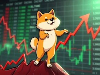 Dogecoin's Shiba Inu mascot stands confidently on a green candlestick chart, symbolizing a powerful bullish breakout from a descending trendline.