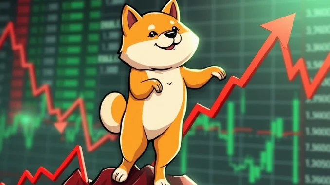 Dogecoin's Shiba Inu mascot stands confidently on a green candlestick chart, symbolizing a powerful bullish breakout from a descending trendline.