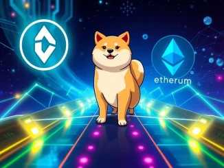 Dogecoin upgrade depicted as a bridge connecting to Ethereum, symbolizing enhanced interoperability and scalability.