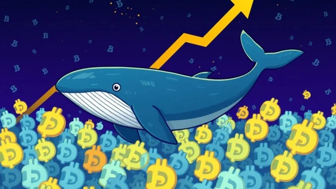 A large digital whale diving into a pool of Dogecoin coins, symbolizing strategic accumulation and potential DOGE price recovery.