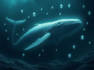 An abstract depiction of a giant dormant whale making a significant ETH purchase, creating ripples across the crypto market.