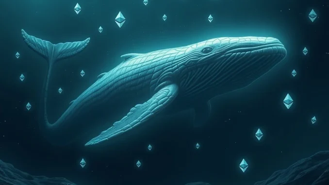 An abstract depiction of a giant dormant whale making a significant ETH purchase, creating ripples across the crypto market.