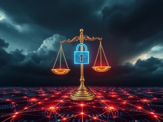 The scales of justice weighing digital assets, symbolizing the DOJ's intense Dragonfly Capital investigation into Tornado Cash.
