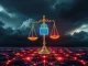 The scales of justice weighing digital assets, symbolizing the DOJ's intense Dragonfly Capital investigation into Tornado Cash.