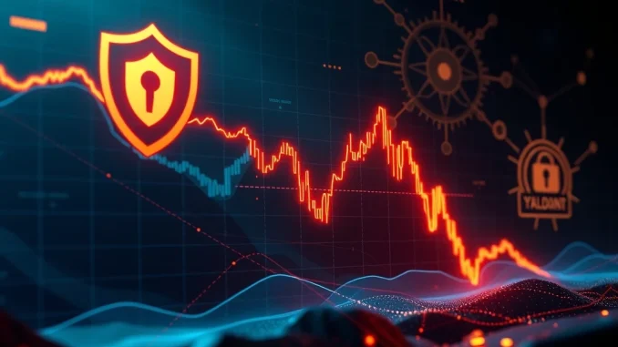 A downward trending chart representing the DUSK price drop, surrounded by icons symbolizing DUSK governance and security updates.