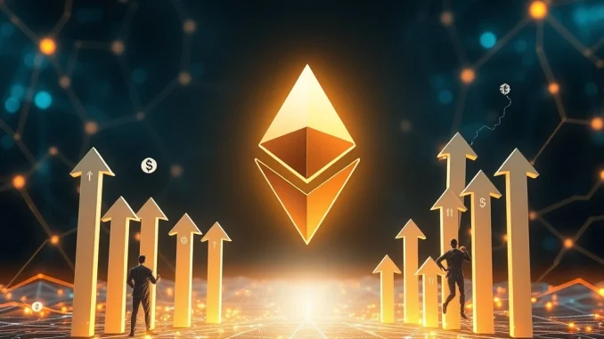 A visual representation of soaring Ethereum demand, with charts and graphs indicating a strong upward trend in ETH price, driven by institutional Ethereum investment.