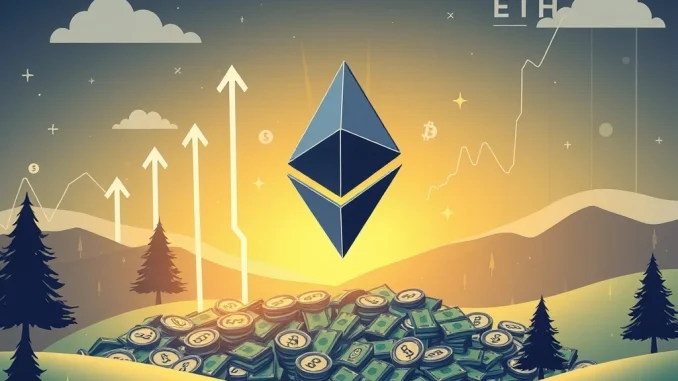 Charts and arrows illustrate significant Ethereum ETFs inflows leading to a sharp ETH price surge, highlighting growing institutional interest.
