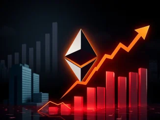 Depicts growing Ethereum institutional interest, with ETH logo merging into financial charts and buildings, symbolizing its adoption in TradFi.