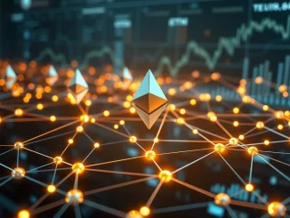 A digital visualization of massive ETH transfers on the Ethereum blockchain, signaling renewed institutional investor interest.