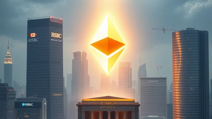A vibrant illustration of the Ethereum logo dominating a financial cityscape, symbolizing Ethereum's market cap surpassing traditional financial institutions like HSBC and American Express.