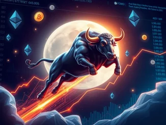 A bull, symbolizing MoonBull, soaring through a digital crypto market, embodying the urgent excitement around this Ethereum Meme Coin.