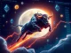A bull, symbolizing MoonBull, soaring through a digital crypto market, embodying the urgent excitement around this Ethereum Meme Coin.