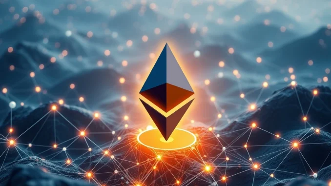 Ethereum network glowing with high transaction activity in a digital landscape