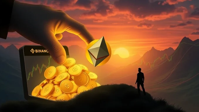 A digital hand pulling Ethereum from Binance, illustrating Justin Sun's significant ETH withdrawal and its potential impact on crypto liquidity.
