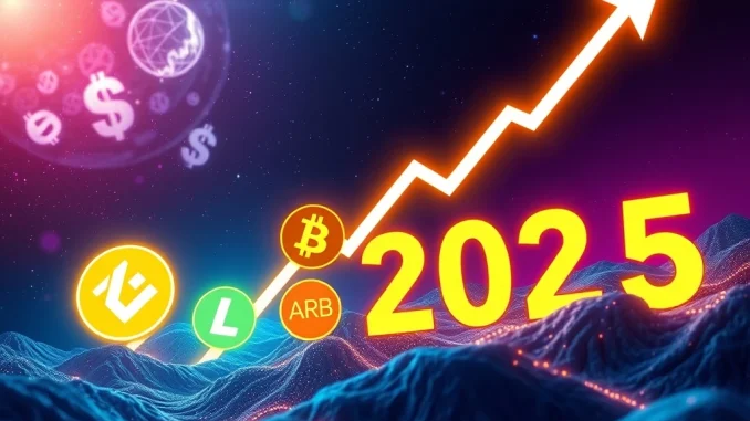 Digital representation of five cryptocurrencies under $1 surging, symbolizing 2025 breakouts amidst positive Ethereum News Today.