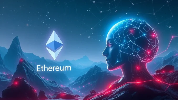 Ethereum and Ozak AI merging in a futuristic blockchain landscape