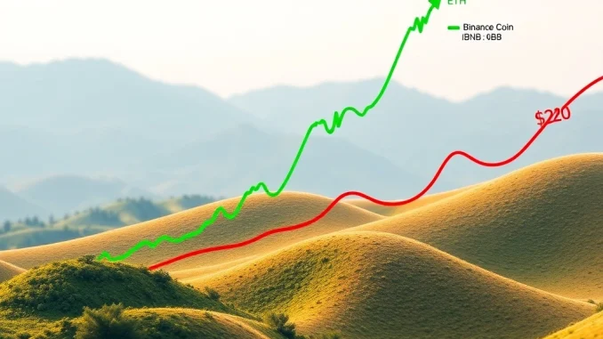 Chart illustrating Ethereum's explosive price rise due to ETH ETF speculation, contrasting with BNB's struggle at a key resistance level.