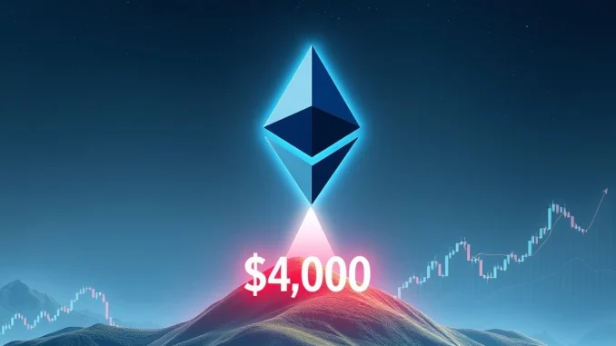 A digital chart showing Ethereum price nearing $4,000, symbolizing a potential ETH breakout driven by strong bullish momentum and positive technical indicators.