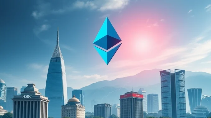 A visual representation of Ethereum's market cap soaring, symbolizing its growing financial power over traditional banks.