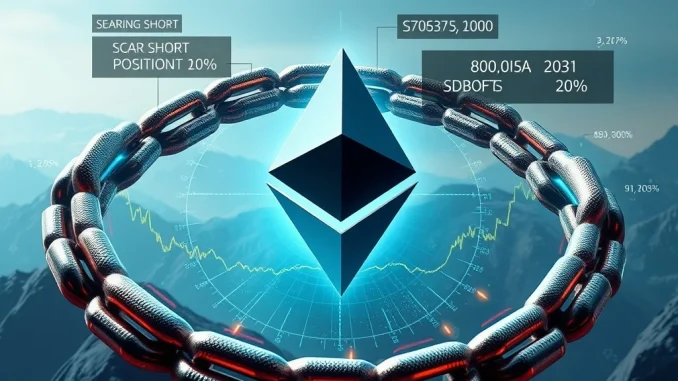 Visualizing an impending ETH supply shock with Ethereum logos, financial charts, and indicators of high leveraged short positions and staking data.