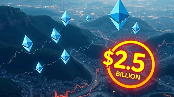 Visualizing a monumental $2.5 billion Ethereum unstaking surge impacting the crypto market post-Shanghai upgrade.