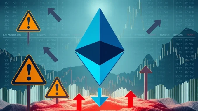 An urgent Ethereum update warns investors about potential ETH price volatility and market risks, depicted with warning signs and a downward trend.