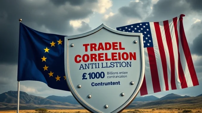 The EU's Anti-Coercion Instrument poised to counter US tariffs, symbolizing a potential EU trade war and economic defiance.