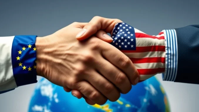 EU US Trade Deal: Hands shaking over a globe, symbolizing a crucial tariff agreement to avert a trade war.