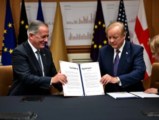 EU and US officials signing the Turnberry Agreement with a 15% tariff on key exports
