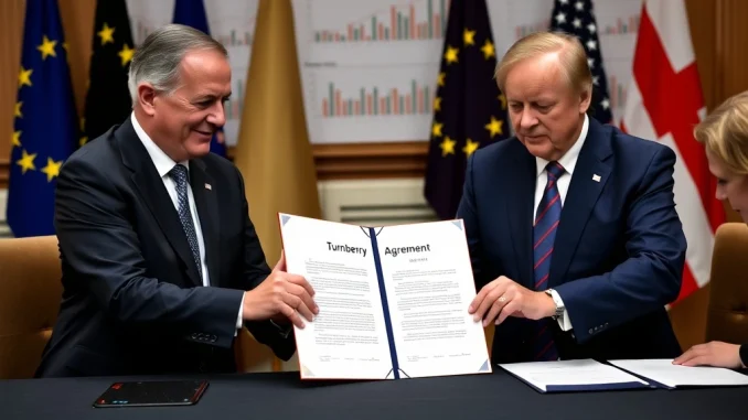 EU and US officials signing the Turnberry Agreement with a 15% tariff on key exports