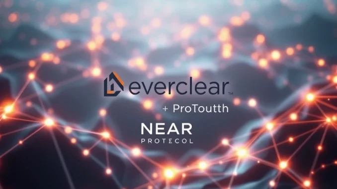 Illustrates Everclear and NEAR Protocol logos connecting various blockchain networks, symbolizing revolutionary cross-chain liquidity solutions.