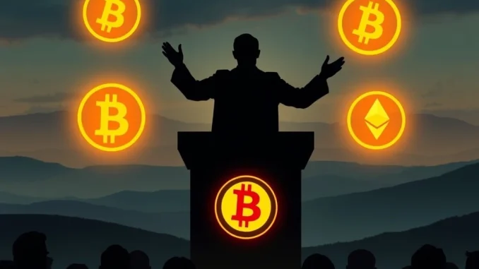 A deceptive figure using religious symbols to entice investors into a risky crypto scheme, highlighting the danger of faith-based crypto schemes.